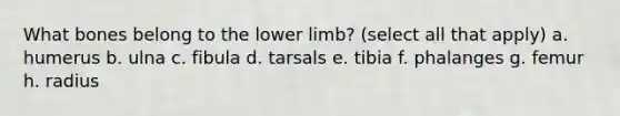 What bones belong to the lower limb? (select all that apply) a. humerus b. ulna c. fibula d. tarsals e. tibia f. phalanges g. femur h. radius