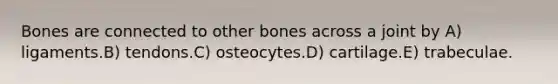 Bones are connected to other bones across a joint by A) ligaments.B) tendons.C) osteocytes.D) cartilage.E) trabeculae.