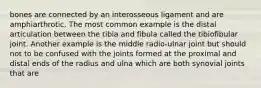 bones are connected by an interosseous ligament and are amphiarthrotic. The most common example is the distal articulation between the tibia and fibula called the tibiofibular joint. Another example is the middle radio-ulnar joint but should not to be confused with the joints formed at the proximal and distal ends of the radius and ulna which are both synovial joints that are