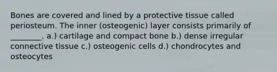 Bones are covered and lined by a protective tissue called periosteum. The inner (osteogenic) layer consists primarily of ________. a.) cartilage and compact bone b.) dense irregular connective tissue c.) osteogenic cells d.) chondrocytes and osteocytes