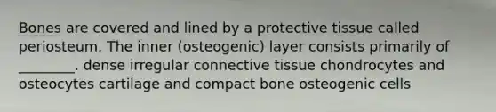 Bones are covered and lined by a protective tissue called periosteum. The inner (osteogenic) layer consists primarily of ________. dense irregular connective tissue chondrocytes and osteocytes cartilage and compact bone osteogenic cells