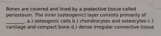 Bones are covered and lined by a protective tissue called periosteum. The inner (osteogenic) layer consists primarily of ________. a.) osteogenic cells b.) chondrocytes and osteocytes c.) cartilage and compact bone d.) dense irregular connective tissue