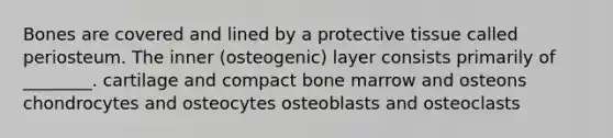 Bones are covered and lined by a protective tissue called periosteum. The inner (osteogenic) layer consists primarily of ________. cartilage and compact bone marrow and osteons chondrocytes and osteocytes osteoblasts and osteoclasts