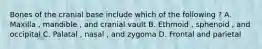 Bones of the cranial base include which of the following ? A. Maxilla , mandible , and cranial vault B. Ethmoid , sphenoid , and occipital C. Palatal , nasal , and zygoma D. Frontal and parietal