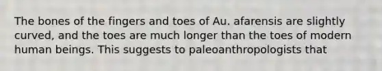 The bones of the fingers and toes of Au. afarensis are slightly curved, and the toes are much longer than the toes of modern human beings. This suggests to paleoanthropologists that