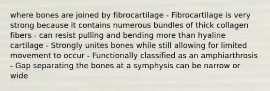 where bones are joined by fibrocartilage - Fibrocartilage is very strong because it contains numerous bundles of thick collagen fibers - can resist pulling and bending more than hyaline cartilage - Strongly unites bones while still allowing for limited movement to occur - Functionally classified as an amphiarthrosis - Gap separating the bones at a symphysis can be narrow or wide