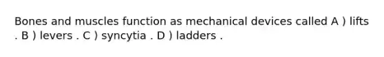 Bones and muscles function as mechanical devices called A ) lifts . B ) levers . C ) syncytia . D ) ladders .