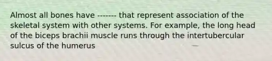 Almost all bones have ------- that represent association of the skeletal system with other systems. For example, the long head of the biceps brachii muscle runs through the intertubercular sulcus of the humerus