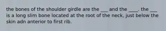 the bones of the shoulder girdle are the ___ and the ____. the ___ is a long slim bone located at the root of the neck, just below the skin adn anterior to first rib.