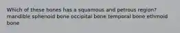 Which of these bones has a squamous and petrous region? mandible sphenoid bone occipital bone temporal bone ethmoid bone