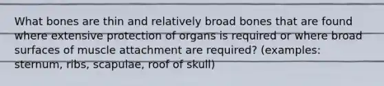 What bones are thin and relatively broad bones that are found where extensive protection of organs is required or where broad surfaces of muscle attachment are required? (examples: sternum, ribs, scapulae, roof of skull)