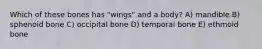 Which of these bones has "wings" and a body? A) mandible B) sphenoid bone C) occipital bone D) temporal bone E) ethmoid bone