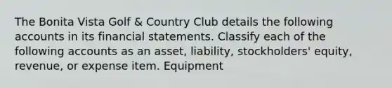 The Bonita Vista Golf & Country Club details the following accounts in its financial statements. Classify each of the following accounts as an asset, liability, stockholders' equity, revenue, or expense item. Equipment