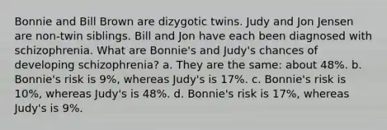 Bonnie and Bill Brown are dizygotic twins. Judy and Jon Jensen are non-twin siblings. Bill and Jon have each been diagnosed with schizophrenia. What are Bonnie's and Judy's chances of developing schizophrenia? a. They are the same: about 48%. b. Bonnie's risk is 9%, whereas Judy's is 17%. c. Bonnie's risk is 10%, whereas Judy's is 48%. d. Bonnie's risk is 17%, whereas Judy's is 9%.