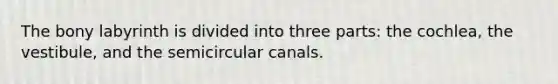 The bony labyrinth is divided into three parts: the cochlea, the vestibule, and the semicircular canals.