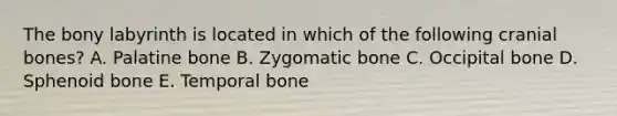 The bony labyrinth is located in which of the following cranial bones? A. Palatine bone B. Zygomatic bone C. Occipital bone D. Sphenoid bone E. Temporal bone