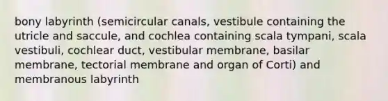 bony labyrinth (semicircular canals, vestibule containing the utricle and saccule, and cochlea containing scala tympani, scala vestibuli, cochlear duct, vestibular membrane, basilar membrane, tectorial membrane and organ of Corti) and membranous labyrinth