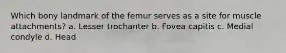 Which bony landmark of the femur serves as a site for muscle attachments? a. Lesser trochanter b. Fovea capitis c. Medial condyle d. Head