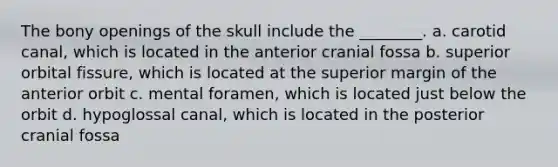 The bony openings of the skull include the ________. a. carotid canal, which is located in the anterior cranial fossa b. superior orbital fissure, which is located at the superior margin of the anterior orbit c. mental foramen, which is located just below the orbit d. hypoglossal canal, which is located in the posterior cranial fossa