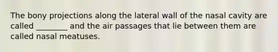 The bony projections along the lateral wall of the nasal cavity are called ________ and the air passages that lie between them are called nasal meatuses.