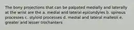 The bony projections that can be palpated medially and laterally at the wrist are the a. medial and lateral epicondyles b. spinous processes c. styloid processes d. medial and lateral malleoli e. greater and lesser trochanters