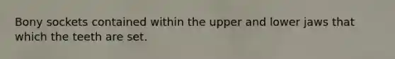 Bony sockets contained within the upper and lower jaws that which the teeth are set.