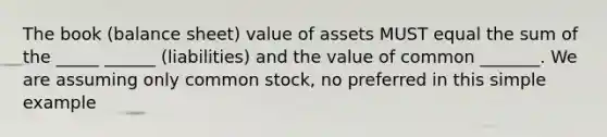 The book (balance sheet) value of assets MUST equal the sum of the _____ ______ (liabilities) and the value of common _______. We are assuming only common stock, no preferred in this simple example