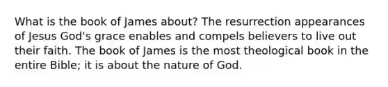 What is the book of James about? The resurrection appearances of Jesus God's grace enables and compels believers to live out their faith. The book of James is the most theological book in the entire Bible; it is about the nature of God.