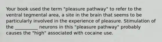 Your book used the term "pleasure pathway" to refer to the ventral tegmental area, a site in the brain that seems to be particularly involved in the experience of pleasure. Stimulation of the __________ neurons in this "pleasure pathway" probably causes the "high" associated with cocaine use.