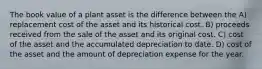 The book value of a plant asset is the difference between the A) replacement cost of the asset and its historical cost. B) proceeds received from the sale of the asset and its original cost. C) cost of the asset and the accumulated depreciation to date. D) cost of the asset and the amount of depreciation expense for the year.