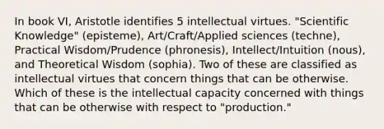 In book VI, Aristotle identifies 5 intellectual virtues. "Scientific Knowledge" (episteme), Art/Craft/Applied sciences (techne), Practical Wisdom/Prudence (phronesis), Intellect/Intuition (nous), and Theoretical Wisdom (sophia). Two of these are classified as intellectual virtues that concern things that can be otherwise. Which of these is the intellectual capacity concerned with things that can be otherwise with respect to "production."