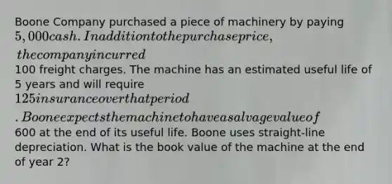 Boone Company purchased a piece of machinery by paying 5,000 cash. In addition to the purchase price, the company incurred100 freight charges. The machine has an estimated useful life of 5 years and will require 125 insurance over that period. Boone expects the machine to have a salvage value of600 at the end of its useful life. Boone uses straight-line depreciation. What is the book value of the machine at the end of year 2?