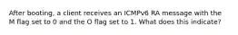 After booting, a client receives an ICMPv6 RA message with the M flag set to 0 and the O flag set to 1. What does this indicate?