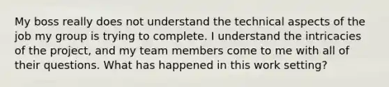 My boss really does not understand the technical aspects of the job my group is trying to complete. I understand the intricacies of the project, and my team members come to me with all of their questions. What has happened in this work setting?