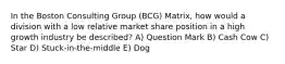 In the Boston Consulting Group (BCG) Matrix, how would a division with a low relative market share position in a high growth industry be described? A) Question Mark B) Cash Cow C) Star D) Stuck-in-the-middle E) Dog