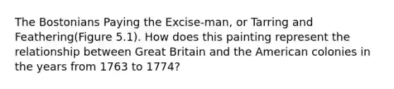 The Bostonians Paying the Excise-man, or Tarring and Feathering(Figure 5.1). How does this painting represent the relationship between Great Britain and the American colonies in the years from 1763 to 1774?