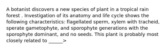 A botanist discovers a new species of plant in a tropical rain forest . Investigation of its anatomy and life cycle shows the following characteristics: flagellated sperm, xylem with tracheid, sperate gametophyte, and sporophyte generations with the sporophyte dominant, and no seeds. This plant is probably most closely related to ______>