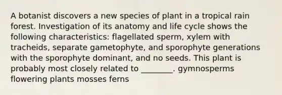 A botanist discovers a new species of plant in a tropical rain forest. Investigation of its anatomy and life cycle shows the following characteristics: flagellated sperm, xylem with tracheids, separate gametophyte, and sporophyte generations with the sporophyte dominant, and no seeds. This plant is probably most closely related to ________. gymnosperms flowering plants mosses ferns