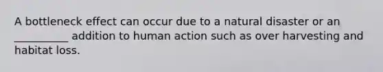A bottleneck effect can occur due to a natural disaster or an __________ addition to human action such as over harvesting and habitat loss.