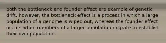 both the bottleneck and founder effect are example of genetic drift. however, the bottleneck effect is a process in which a large population of a genome is wiped out, whereas the founder effect occurs when members of a larger population migrate to establish their own population.