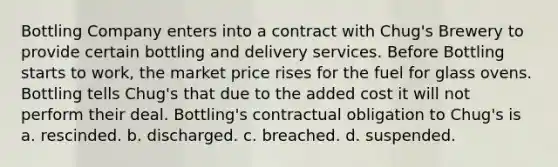 Bottling Company enters into a contract with Chug's Brewery to provide certain bottling and delivery services. Before Bottling starts to work, the market price rises for the fuel for glass ovens. Bottling tells Chug's that due to the added cost it will not perform their deal. Bottling's contractual obligation to Chug's is a. rescinded. b. discharged. c. breached. d. suspended.