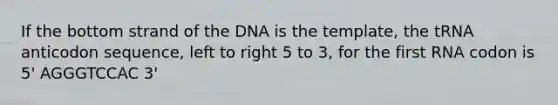 If the bottom strand of the DNA is the template, the tRNA anticodon sequence, left to right 5 to 3, for the first RNA codon is 5' AGGGTCCAC 3'