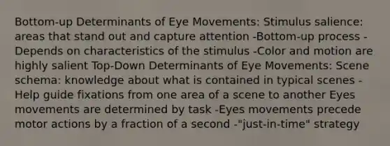 Bottom-up Determinants of Eye Movements: Stimulus salience: areas that stand out and capture attention -Bottom-up process -Depends on characteristics of the stimulus -Color and motion are highly salient Top-Down Determinants of Eye Movements: Scene schema: knowledge about what is contained in typical scenes -Help guide fixations from one area of a scene to another Eyes movements are determined by task -Eyes movements precede motor actions by a fraction of a second -"just-in-time" strategy