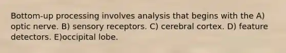 Bottom-up processing involves analysis that begins with the A) optic nerve. B) sensory receptors. C) cerebral cortex. D) feature detectors. E)occipital lobe.