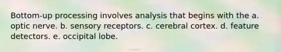 Bottom-up processing involves analysis that begins with the a. optic nerve. b. sensory receptors. c. cerebral cortex. d. feature detectors. e. occipital lobe.