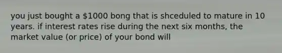 you just bought a 1000 bong that is shceduled to mature in 10 years. if interest rates rise during the next six months, the market value (or price) of your bond will