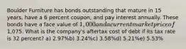 Boulder Furniture has bonds outstanding that mature in 15 years, have a 6 percent coupon, and pay interest annually. These bonds have a face value of 1,000 and a current market price of1,075. What is the company's aftertax cost of debt if its tax rate is 32 percent? a) 2.97%b) 3.24%c) 3.58%d) 5.21%e) 5.53%