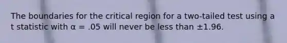 The boundaries for the critical region for a two-tailed test using a t statistic with α = .05 will never be less than ±1.96.