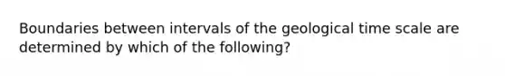 Boundaries between intervals of the geological time scale are determined by which of the following?