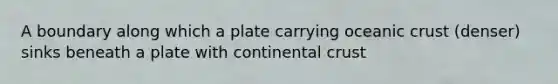 A boundary along which a plate carrying oceanic crust (denser) sinks beneath a plate with continental crust